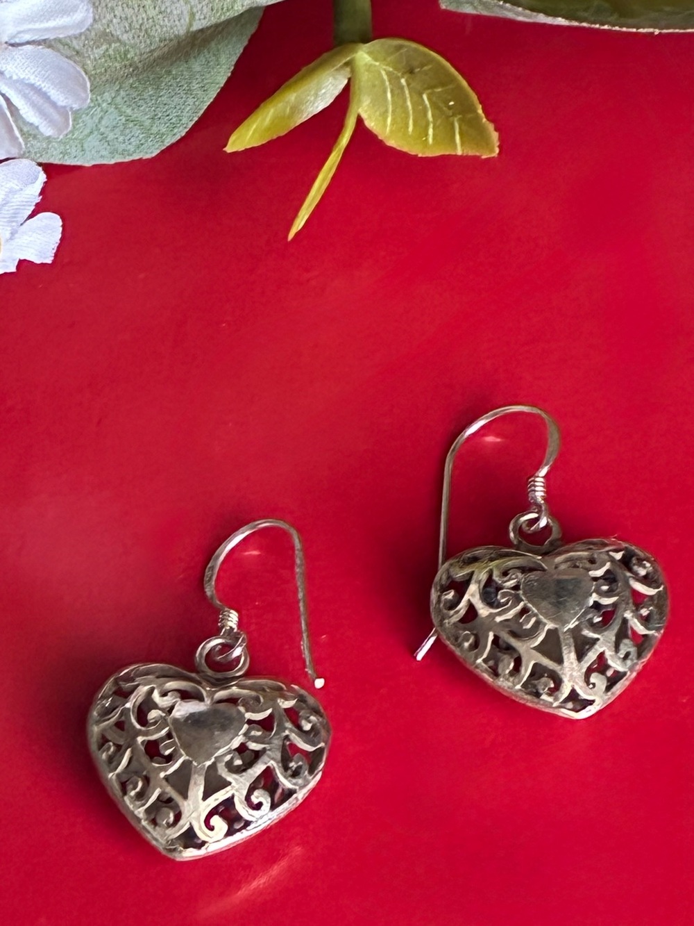 925 Silver Earrings,Heart Filigree Drop Earrings - Silver Heart Dangles - Picture 5 of 6